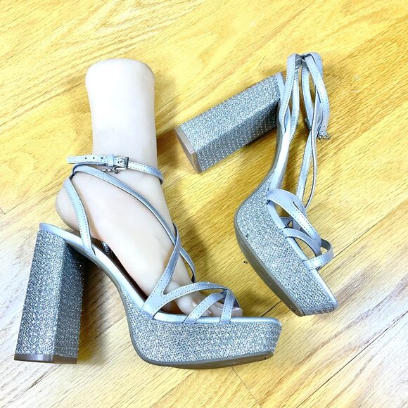 Guess Shoes - Guess Sandals Platform Silver Sparkle Rhinestone High Chunky Heel Oceane (9)